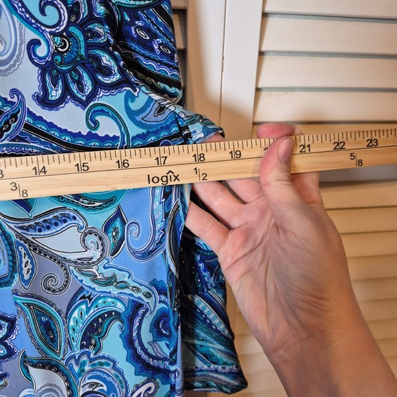 MSK Dress Women L Blue Paisley Midi 3/4 Bell Sleeve Stretch Knit Pullover USA - Picture 4 of 7